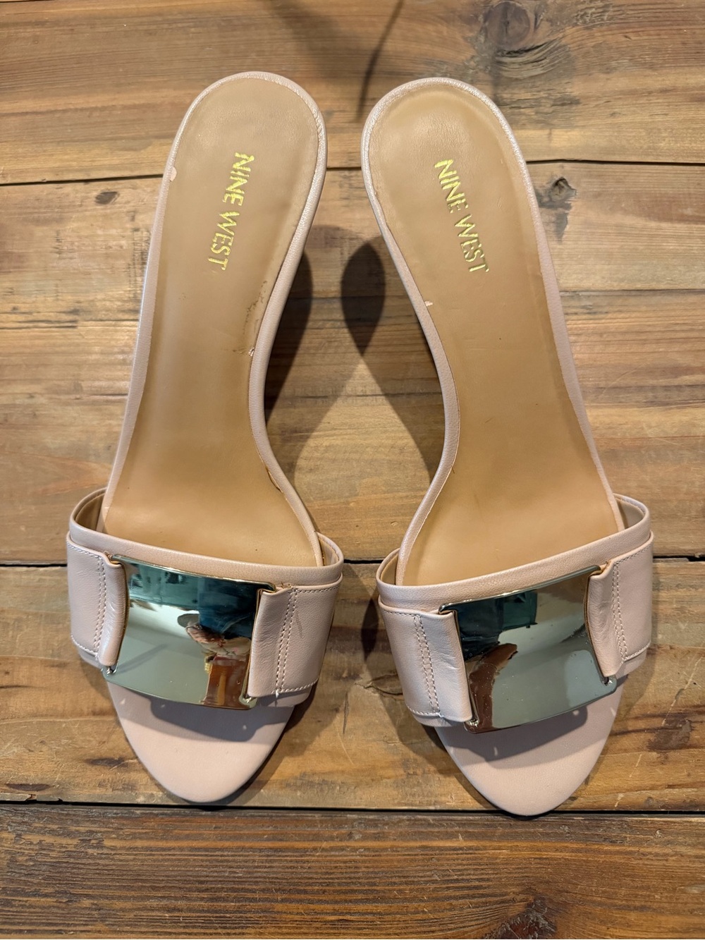 Nine West Tan Slide Mules with Gold Mirror Accent